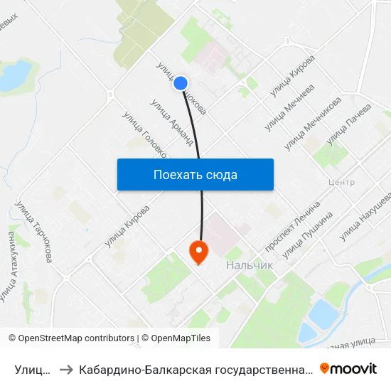 Улица Крупской to Кабардино-Балкарская государственная сельскохозяйственная академия имени В.М. Кокова. map