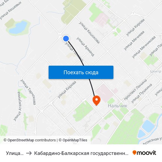 Улица Матросова to Кабардино-Балкарская государственная сельскохозяйственная академия имени В.М. Кокова. map