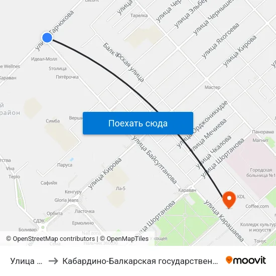 Улица Байсултанова to Кабардино-Балкарская государственная сельскохозяйственная академия имени В.М. Кокова. map