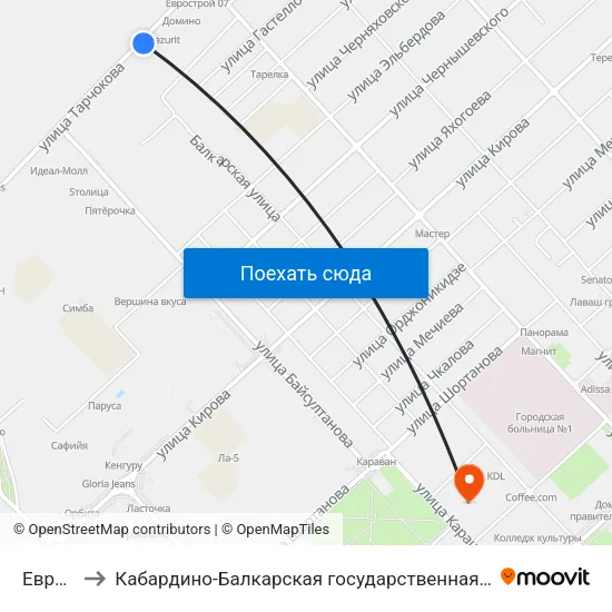 Еврострой 07 to Кабардино-Балкарская государственная сельскохозяйственная академия имени В.М. Кокова. map