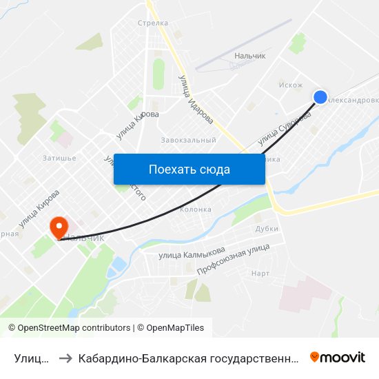 Улица Кадырова to Кабардино-Балкарская государственная сельскохозяйственная академия имени В.М. Кокова. map