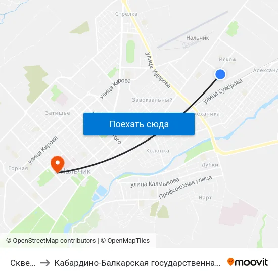 Сквер Дружбы to Кабардино-Балкарская государственная сельскохозяйственная академия имени В.М. Кокова. map