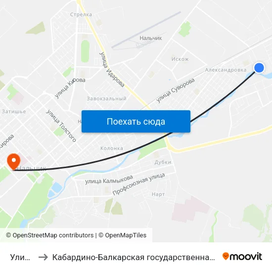 Улица Мусова to Кабардино-Балкарская государственная сельскохозяйственная академия имени В.М. Кокова. map