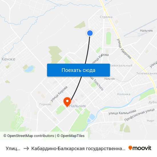 Улица Крылова to Кабардино-Балкарская государственная сельскохозяйственная академия имени В.М. Кокова. map