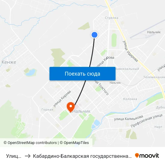 Улица Крылова to Кабардино-Балкарская государственная сельскохозяйственная академия имени В.М. Кокова. map