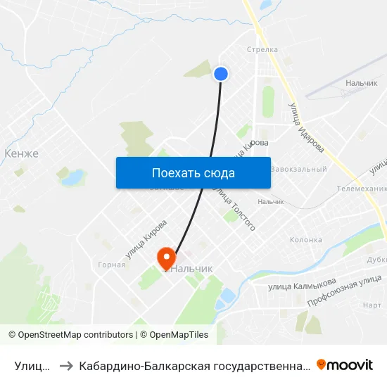 Улица Тельмана to Кабардино-Балкарская государственная сельскохозяйственная академия имени В.М. Кокова. map