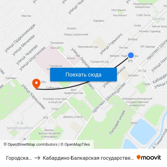 Городская Администрация to Кабардино-Балкарская государственная сельскохозяйственная академия имени В.М. Кокова. map
