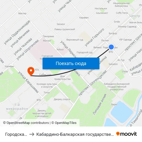 Городская Администрация to Кабардино-Балкарская государственная сельскохозяйственная академия имени В.М. Кокова. map
