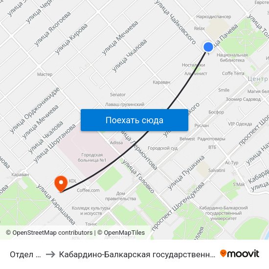 Отдел Полиции №1 to Кабардино-Балкарская государственная сельскохозяйственная академия имени В.М. Кокова. map