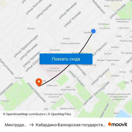 Минтруда И Здравоохранения to Кабардино-Балкарская государственная сельскохозяйственная академия имени В.М. Кокова. map