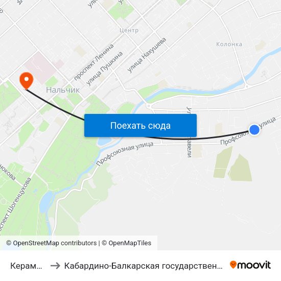 Керамическая Улица to Кабардино-Балкарская государственная сельскохозяйственная академия имени В.М. Кокова. map