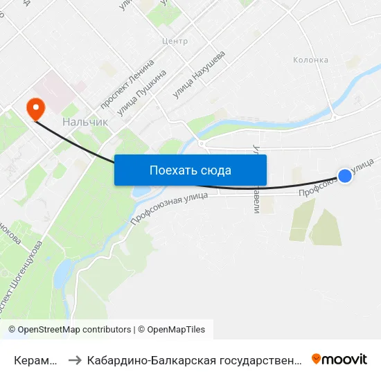 Керамическая Улица to Кабардино-Балкарская государственная сельскохозяйственная академия имени В.М. Кокова. map