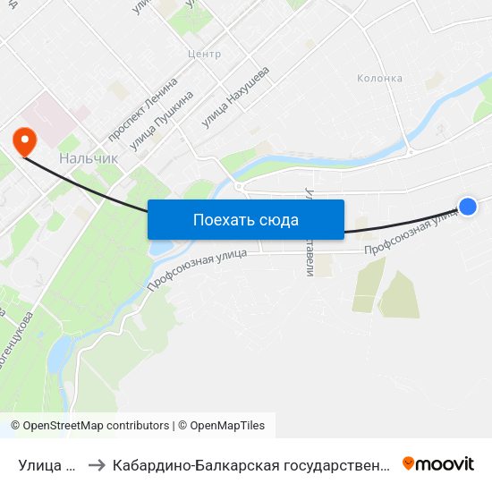 Улица Дзержинского to Кабардино-Балкарская государственная сельскохозяйственная академия имени В.М. Кокова. map