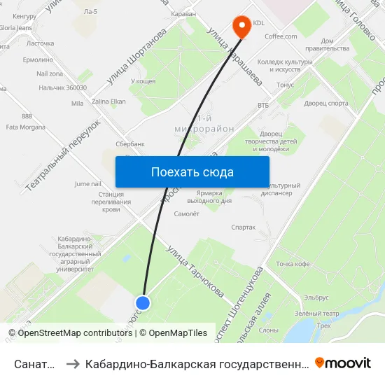 Санаторий Нальчик to Кабардино-Балкарская государственная сельскохозяйственная академия имени В.М. Кокова. map