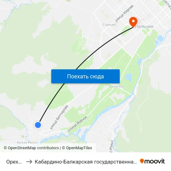 Ореховая Улица to Кабардино-Балкарская государственная сельскохозяйственная академия имени В.М. Кокова. map