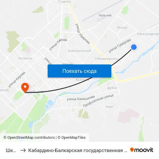 Школа №11 to Кабардино-Балкарская государственная сельскохозяйственная академия имени В.М. Кокова. map