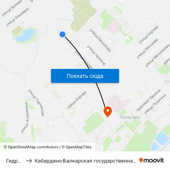 Гидрометаллург to Кабардино-Балкарская государственная сельскохозяйственная академия имени В.М. Кокова. map