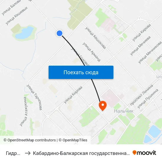Гидрометаллург to Кабардино-Балкарская государственная сельскохозяйственная академия имени В.М. Кокова. map