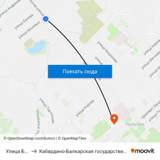 Улица Братьев Кешевых to Кабардино-Балкарская государственная сельскохозяйственная академия имени В.М. Кокова. map