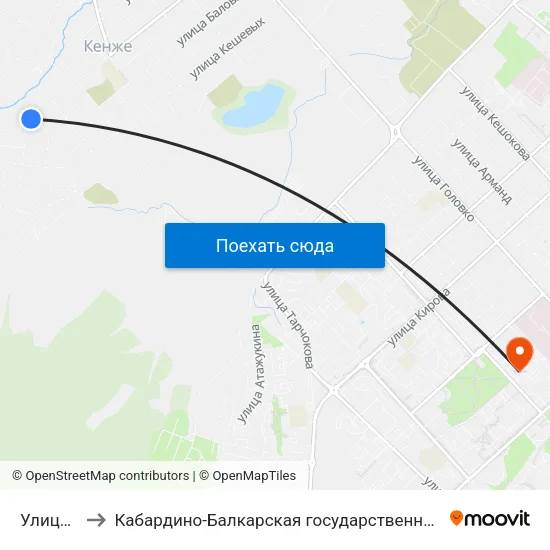Улица Катханова to Кабардино-Балкарская государственная сельскохозяйственная академия имени В.М. Кокова. map
