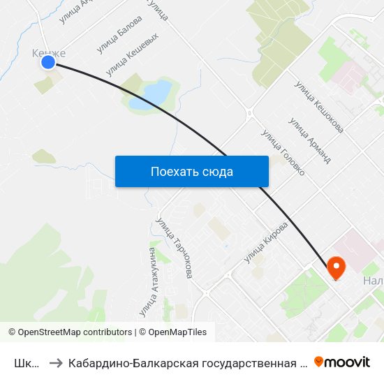 Школа №20 to Кабардино-Балкарская государственная сельскохозяйственная академия имени В.М. Кокова. map