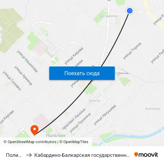Поликлиника №2 to Кабардино-Балкарская государственная сельскохозяйственная академия имени В.М. Кокова. map