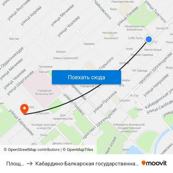 Площадь Марии to Кабардино-Балкарская государственная сельскохозяйственная академия имени В.М. Кокова. map