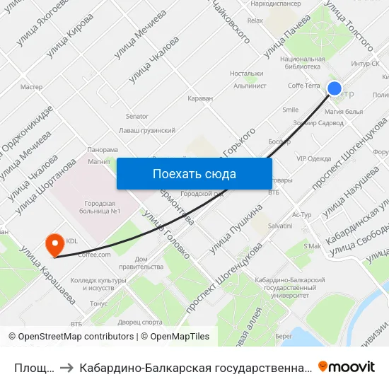 Площадь Марии to Кабардино-Балкарская государственная сельскохозяйственная академия имени В.М. Кокова. map
