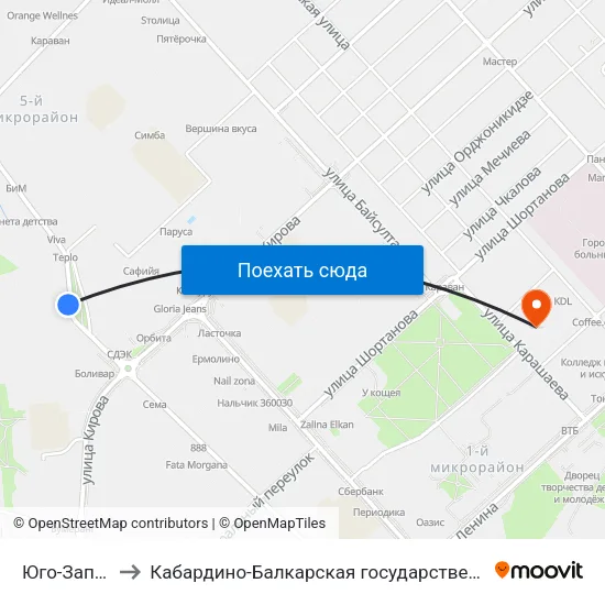 Юго-Западная Котельная to Кабардино-Балкарская государственная сельскохозяйственная академия имени В.М. Кокова. map