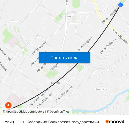 Улица Киримова to Кабардино-Балкарская государственная сельскохозяйственная академия имени В.М. Кокова. map