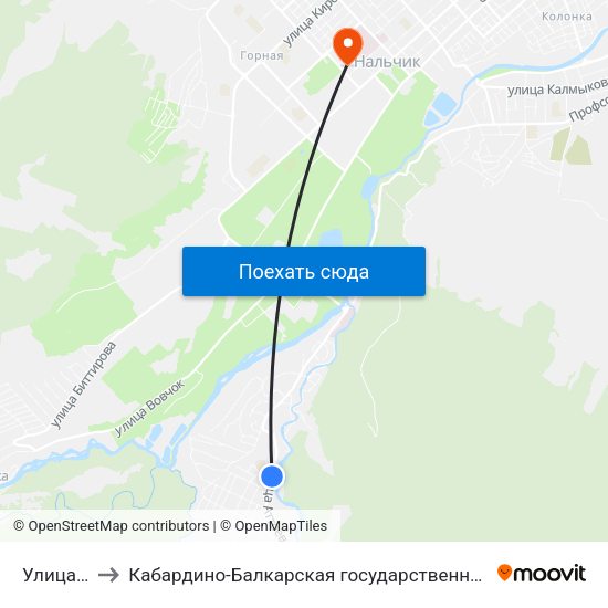 Улица Ульбашева to Кабардино-Балкарская государственная сельскохозяйственная академия имени В.М. Кокова. map