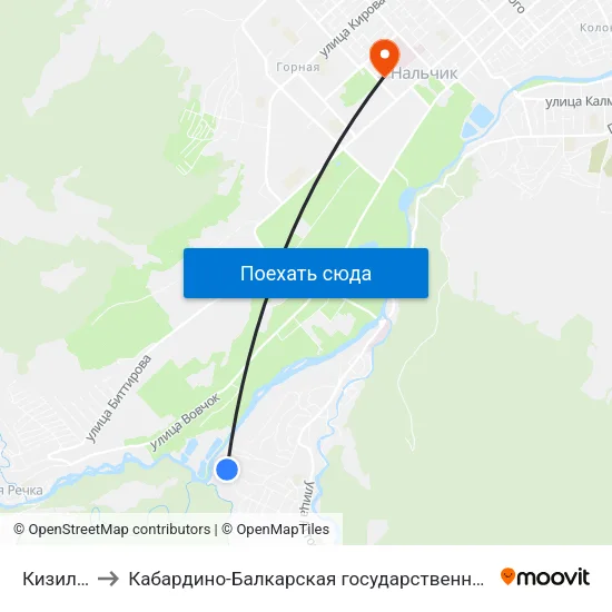 Кизиловая Улица to Кабардино-Балкарская государственная сельскохозяйственная академия имени В.М. Кокова. map