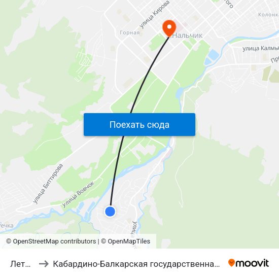 Летняя Улица to Кабардино-Балкарская государственная сельскохозяйственная академия имени В.М. Кокова. map