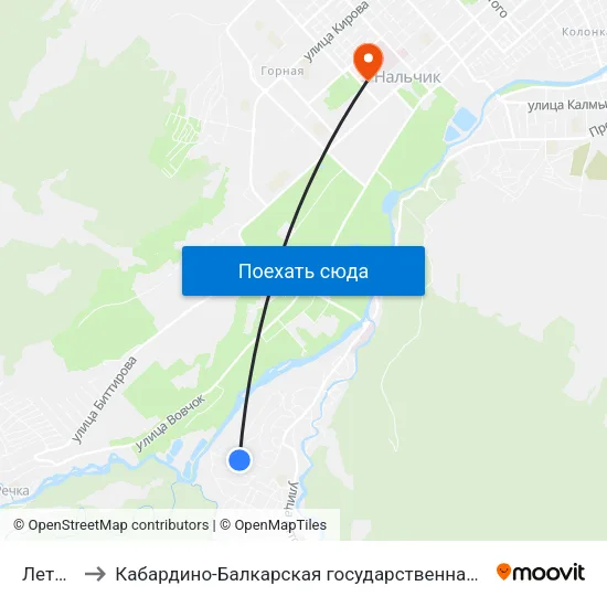Летняя Улица to Кабардино-Балкарская государственная сельскохозяйственная академия имени В.М. Кокова. map