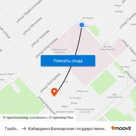 Горбольница №1 to Кабардино-Балкарская государственная сельскохозяйственная академия имени В.М. Кокова. map