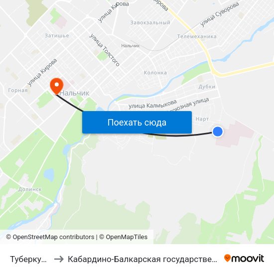 Туберкулёзная Больница to Кабардино-Балкарская государственная сельскохозяйственная академия имени В.М. Кокова. map