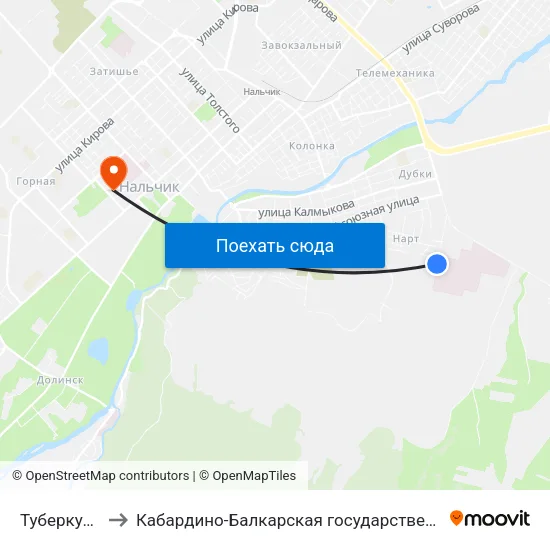 Туберкулёзная Больница to Кабардино-Балкарская государственная сельскохозяйственная академия имени В.М. Кокова. map