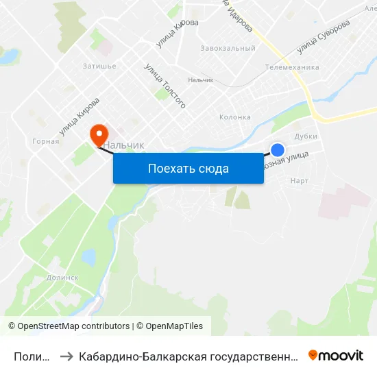 Поликлиника №1 to Кабардино-Балкарская государственная сельскохозяйственная академия имени В.М. Кокова. map
