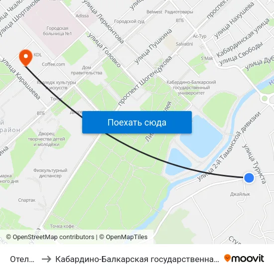 Отель Джайлык to Кабардино-Балкарская государственная сельскохозяйственная академия имени В.М. Кокова. map