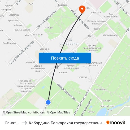 Санаторий Нальчик to Кабардино-Балкарская государственная сельскохозяйственная академия имени В.М. Кокова. map
