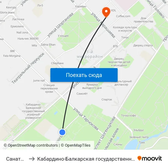 Санаторий Нальчик to Кабардино-Балкарская государственная сельскохозяйственная академия имени В.М. Кокова. map