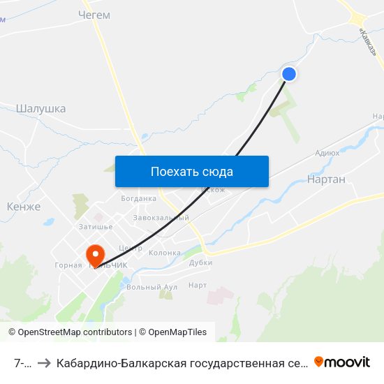 7-Й Км to Кабардино-Балкарская государственная сельскохозяйственная академия имени В.М. Кокова. map