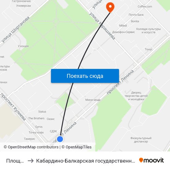 Площадь Абхазии to Кабардино-Балкарская государственная сельскохозяйственная академия имени В.М. Кокова. map