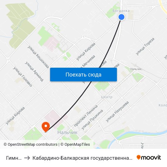 Гимназия №13 to Кабардино-Балкарская государственная сельскохозяйственная академия имени В.М. Кокова. map