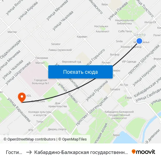 Гостиница Россия to Кабардино-Балкарская государственная сельскохозяйственная академия имени В.М. Кокова. map