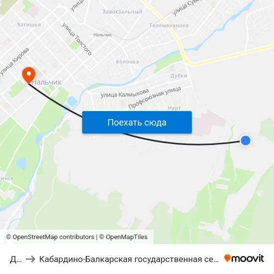 Дубки to Кабардино-Балкарская государственная сельскохозяйственная академия имени В.М. Кокова. map