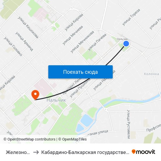 Железнодорожный Вокзал to Кабардино-Балкарская государственная сельскохозяйственная академия имени В.М. Кокова. map