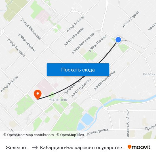 Железнодорожный Вокзал to Кабардино-Балкарская государственная сельскохозяйственная академия имени В.М. Кокова. map