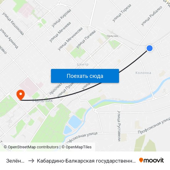 Зелёный Переулок to Кабардино-Балкарская государственная сельскохозяйственная академия имени В.М. Кокова. map