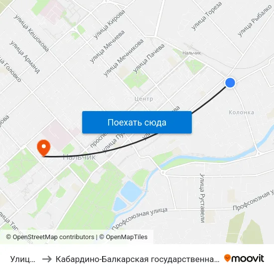 Улица Суворова to Кабардино-Балкарская государственная сельскохозяйственная академия имени В.М. Кокова. map